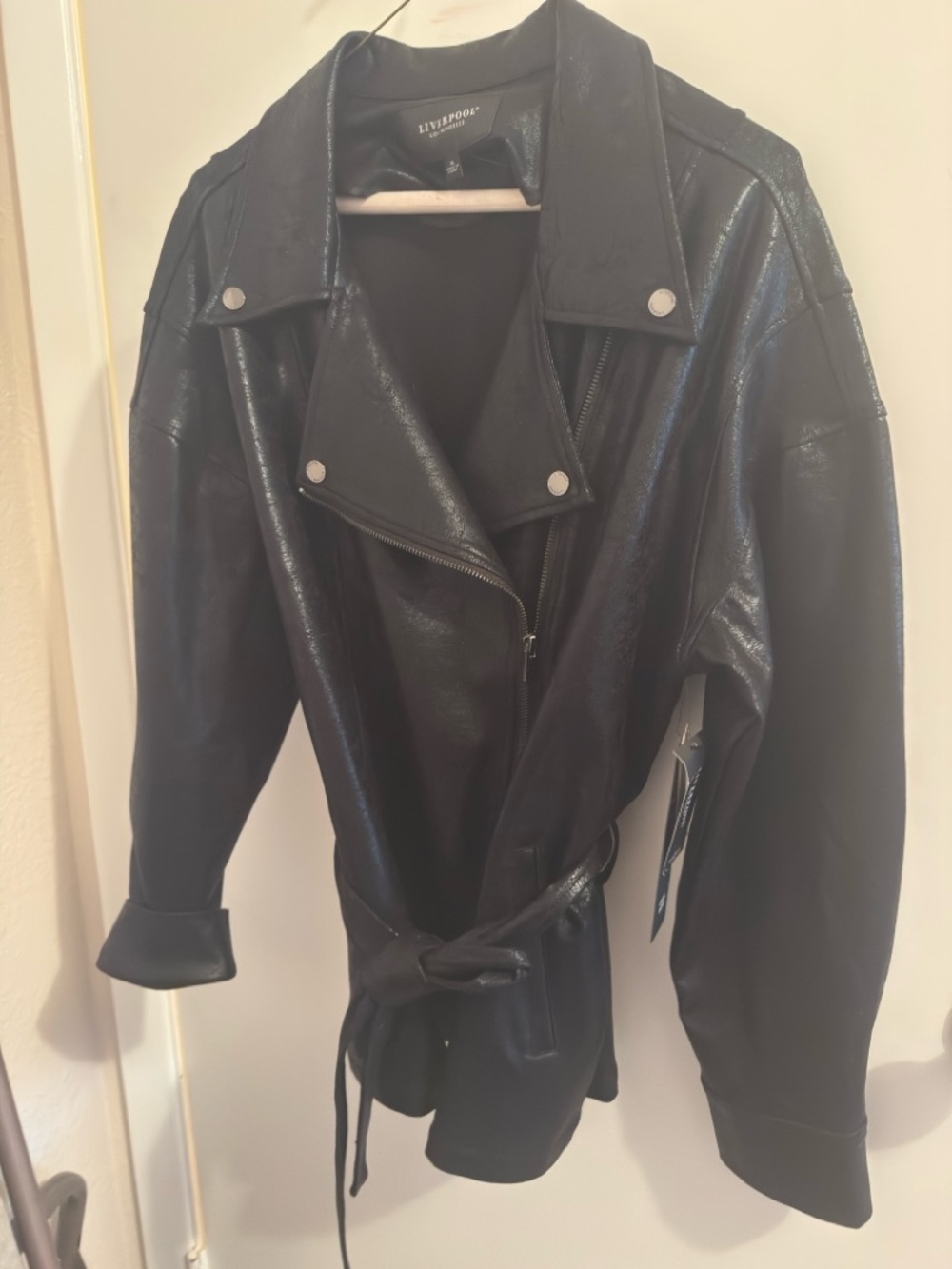 Liverpool Shiny Black Faux Leather Belted Moto Jacket